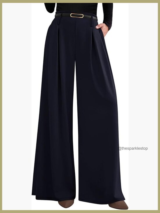Pants - High Waisted Wide Leg Pleated Trousers with Pockets - Flowy Business Palazzo